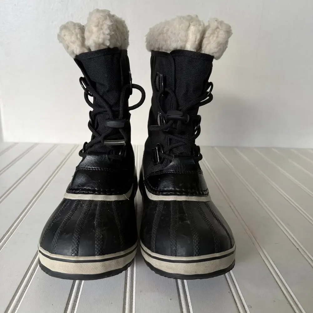 Sorel youth size 4 cream-colored sherpa black waterproof nylon snow boots